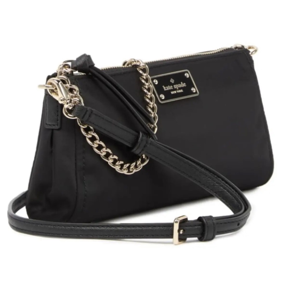 🌺 KATE SPADE Wilson Road Jane Convertible Crossbody Bag Black Nylon Gold Chain